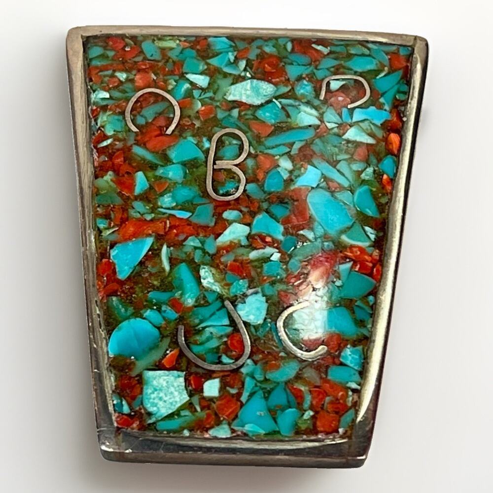 VTG Native American Sterling Silver Turquoise Coral Inlay Bolo Tie Slide 58.3g
